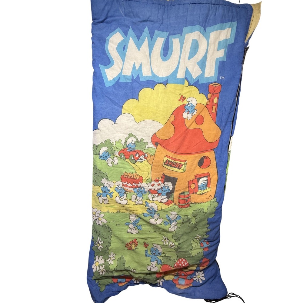 Vintage 80s Smurf Kids Sleeping Bag Cartoon Mushroom House Scene Blue Print